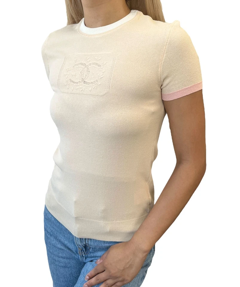 Camiseta CHANEL Vintage 04C Marca CC Logo Bicolor #38 Beige Rosa Blanco Rayón Foto 2 de 4