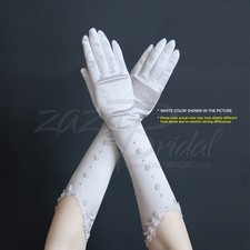 GORGEOUS STRETCH SATIN GLOVES WITH PEARL FLORAL MOTIF AND LACE TRIMMED CUFF
