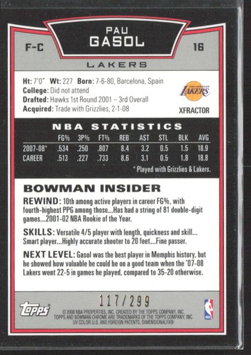 Bowman #16 Pau Gasol Blue #/499 2008-09 - Imagen 2 de 2
