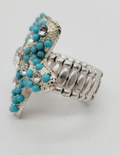 Starfish Cocktail Stretch RING ONE SIZE Silver Tone Turquoise Color Beads OSFM - Picture 3 of 6