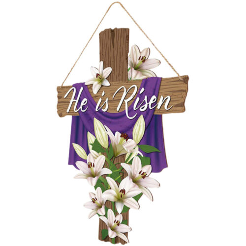 Dekoracja wielkanocna: drewniany znak na drzwi z krzyżem i kwiatami lilii - Zdjęcie 1 z 12