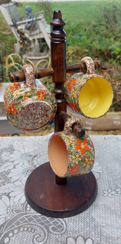 3 1960's Speckled Mugs espresso Cups Porcelain Vintage + wood tree MCM