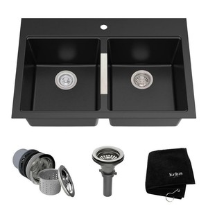 Details About Kraus Kitchen Sink Drop In Undermount Granite 33 1 Hole Double Basin Black Onyx