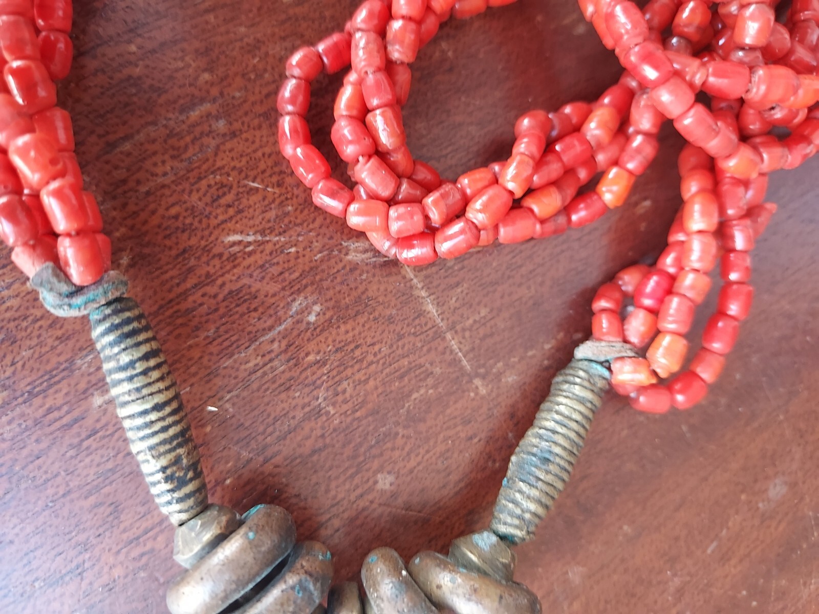 Antique West Africa Red Glass Bead And Cast Brass Bel… Gem