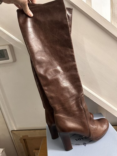 Boxed Genuine Prada Soft Brown Leather Knee High High Heeled Boots 39 6 VGC  - Picture 18 of 20