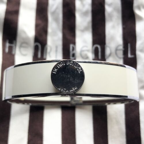 Henri Bendel Signed Bangle Beige Enamel Silver Tone Cuff Hinged Bracelet NEW NWT