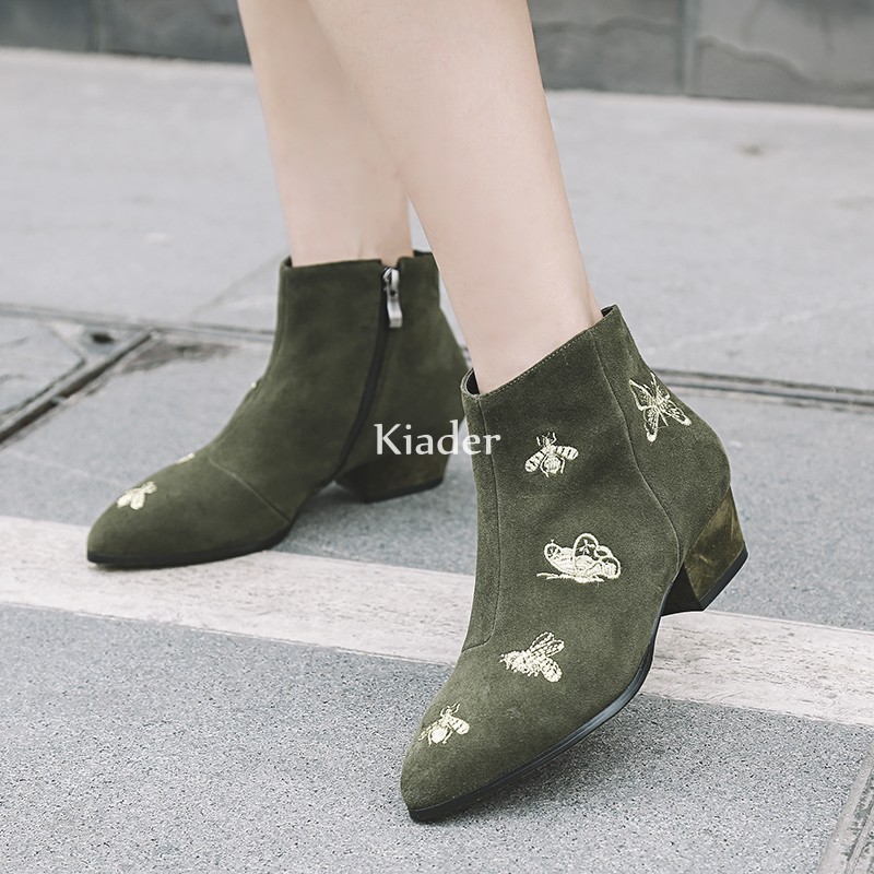 Western Womens Bee Embroidery Cuban Heels Zipper Suede Ankle Boots Riding Shoes Western Womens Bee Embroidery Cuban Heels Zipper Suede Ankle Boots Riding Shoes