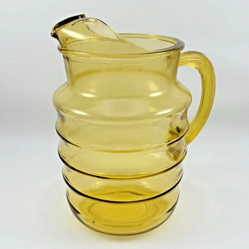 Glass Pitcher Beehive Amber Ribbed Handle Ice Lip 2 Quart Water Ice Tea Vintage - 第 1/17 張圖片