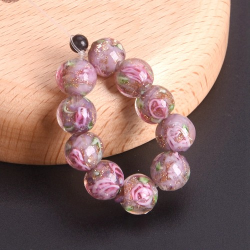 10pcs 8mm Round Golden Foil Flower Handmade Lampwork Glass Loose Beads - Picture 12 of 16