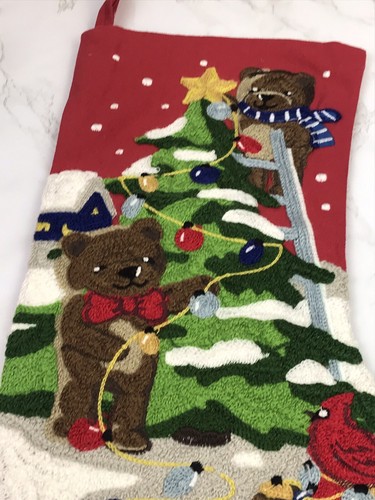Bears Decorating Tree Holiday Christmas Yarn Stitched Stocking - Picture 2 of 4