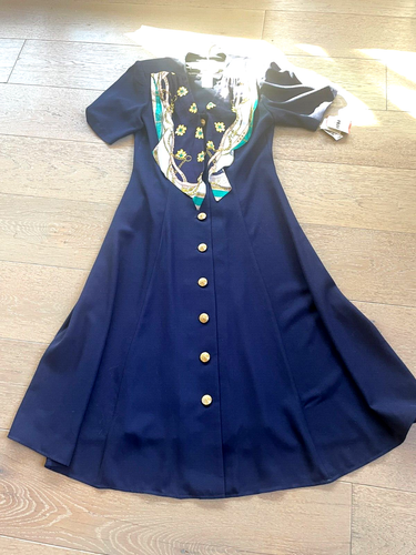 NEW ZCMI Vintage Leslie Fay Chain Scarf Navy Dress Size 12 8 10 Shoulder Pads - Picture 16 of 21