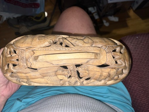 Vintage African Wood Hand Carved Animal Bread Basket Box Tiger Lion Elephant - Bild 9 von 19