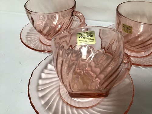 FF10 Set Of 3 Arcoroc France Pink Swirl Strengthened Heat Resist Tea Cup Saucer - Picture 6 of 12