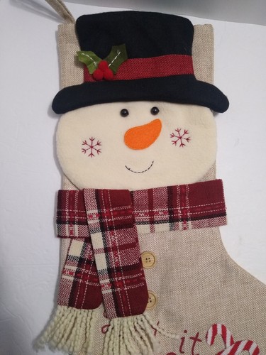 3D Christmas Stocking Burlap Let It Snow Snowman Scarf Hat Candy Cane Buttons - Picture 9 of 10