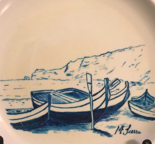 VINTAGE BLUE Fishing BOAT PLATE CHINA HAND PAINTED Studio Art Signed ME Sierra - Picture 2 of 6