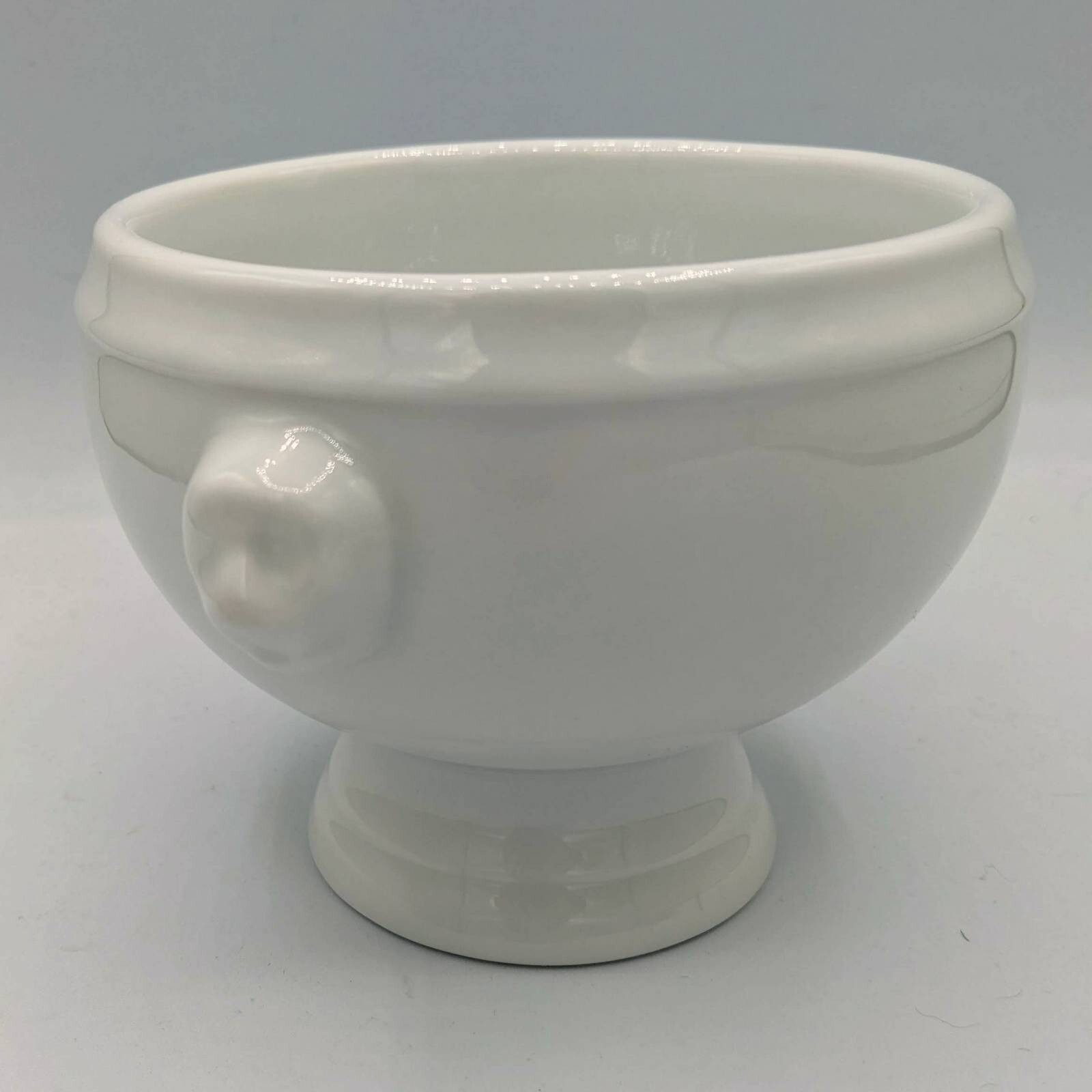 Onion Soup Bowls Lion Head Handles Footed Pedestal White Porcelain PAIR