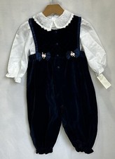 Vtg Baby Girl 24 Months Velvet Romper Overall Bubble Holiday Satin Rosettes Lace