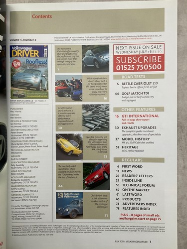 Volkswagen Driver Magazine - July 2003 - Beetle Cabrio, Golf TDi, W30 Replica - Picture 2 of 5