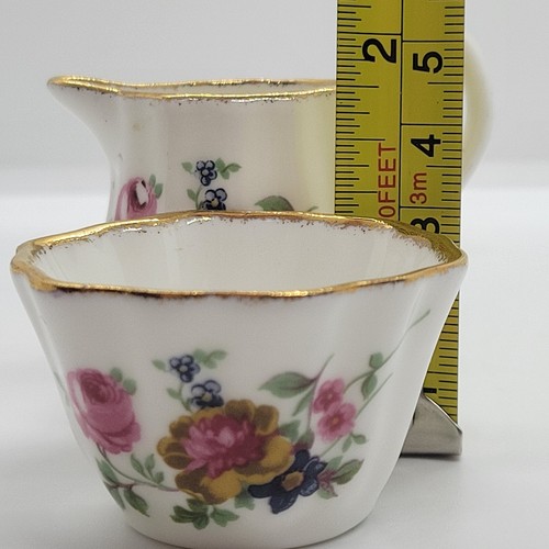English Bone China Fenton Roses Miniature Creamer & Open Sugar Bowl Gold Rim - Picture 8 of 8