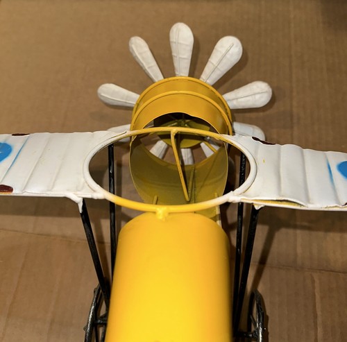 Vintage Propeller Plane Metal Handmade Yellow/White/Blue 16” Wing-Wing Airplane - Picture 10 of 20