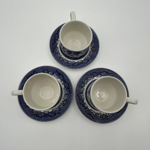 3 Churchill Staffordshire England Blue Willow Coffee Teacup & Saucer China Sets - Picture 2 of 17