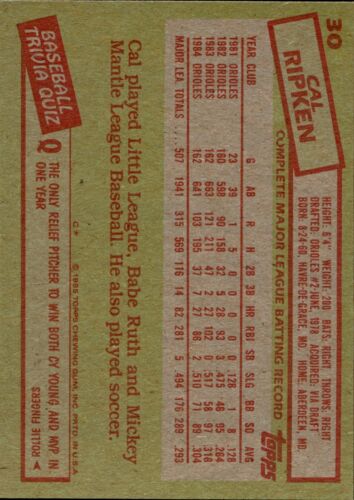 1985 Topps Cal Ripken #30 Baltimore Orioles HOF - Free Shipping - Picture 2 of 2