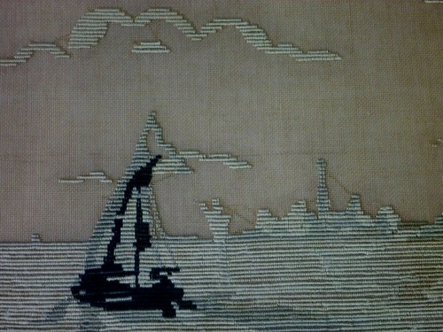Vintage Silk Embroidery Tapestry Picture Windmill Boat Nautical River Landscape - Picture 8 of 12
