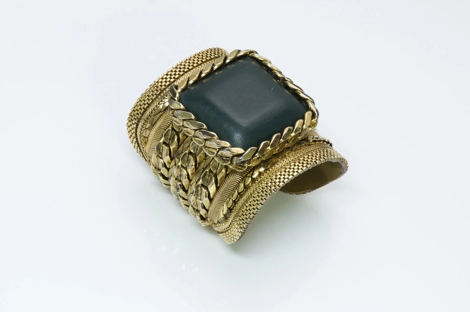 Vintage Metal Chain Leather Cuff Bracelet - Image 3 of 4