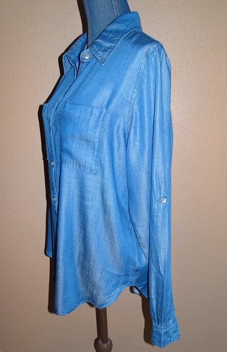 Top denim Knox Rose Medium indaco con bottoni maniche a linguetta lyocell taglia L nuovo con etichette - Foto 2 di 5