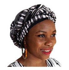 Black and white Kente African Print Modu Hat - Pre-tied Head wrap