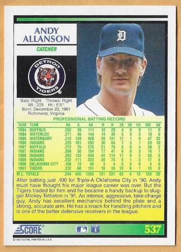 Andy Allanson Tigres de Detroit #537 - Puntuación casi nueva-como nueva 1992 - Imagen 2 de 2