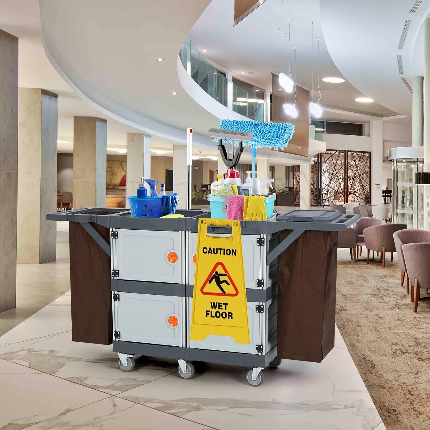 Commercial Janitorial Cart w/Cabinet for Hotel & Housekeeping Room Gray