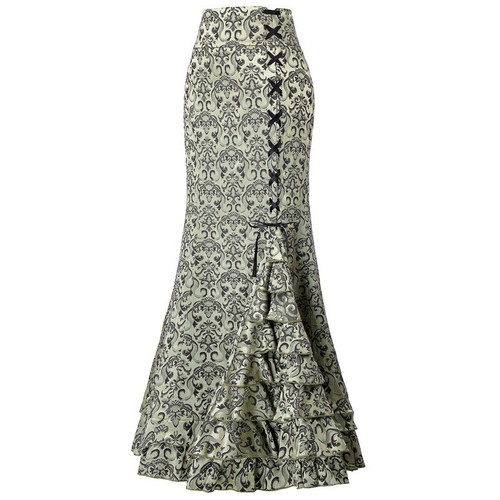 Lady Chinese Jacquard Long Skirt Fishtail Layered Ruffle Lace-up Punk Gothic - Picture 20 of 20