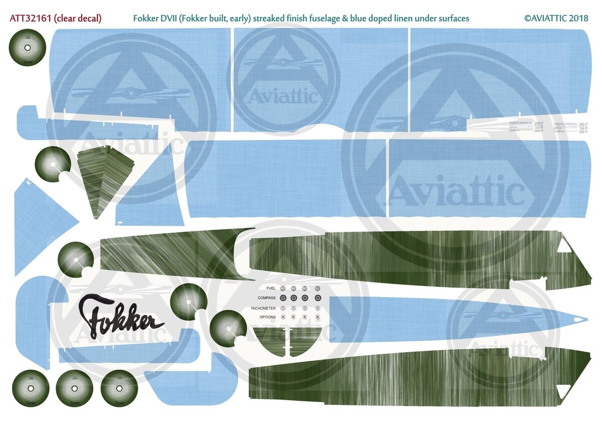 Aviattic 1/32 decals Fokker DVII early - streaked finish & blue doped linen Aviattic 1/32 decals Fokker DVII early - streaked finish & blue doped linen