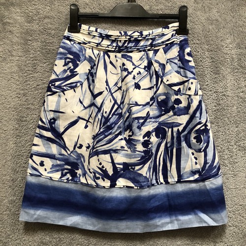 FALDA CARLISLE AZUL BLANCO 100% LINO 26” CINTURA UK 6/8 ACUARELA ARTE VERANO - Imagen 1 de 10