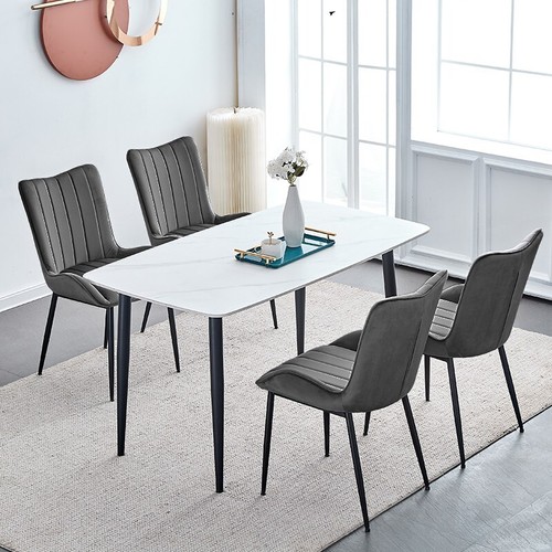 Set of 2 Velvet Dining Chairs Padded Stripe Seat Metal Legs Dining Room Gray - Picture 11 of 17