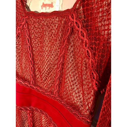 Free People Damen Bodycon Kleid Rot Netz Gefüttert Spitzenbesatz Transparent Langarm L Neu - Bild 6 von 12