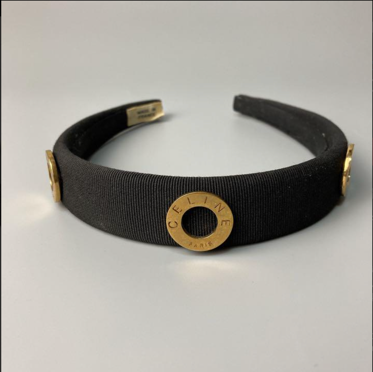 国内発送/CELINE/コットンと真鍮のヘッドバンド CELINE Vintage Black Hair Band with Circle Logo Bracket used