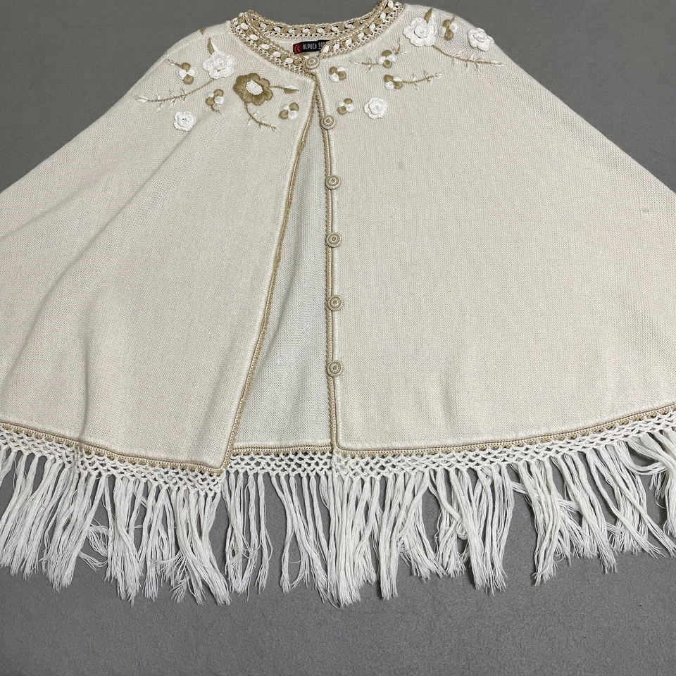 Винтажный женский топ 70-х с плащом альпака кремовый с цветочной вышивкой бахрома богемное пончо лапша - Изображение 2 из 4