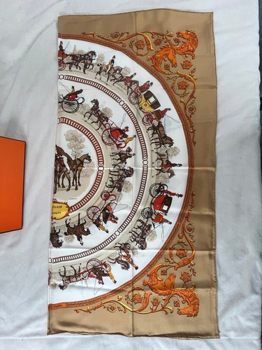 Hermes Silk Square Scarf Carre 90 Brown La Promenade de Longchamps 34-1/4" w/Box - Picture 8 of 17
