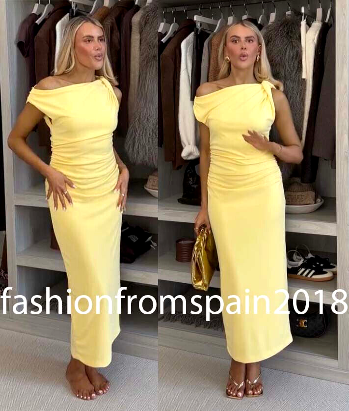 ZARA NEW WOMAN TWISTED ASYMMETRIC MIDI DRESS YELLOW XS-XXL 2477