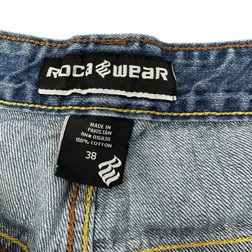 Pantalones de mezclilla ROCAWEAR para hombre vintage relajados holgados botones mosca hip hop bordados 38x31 - Imagen 7 de 10