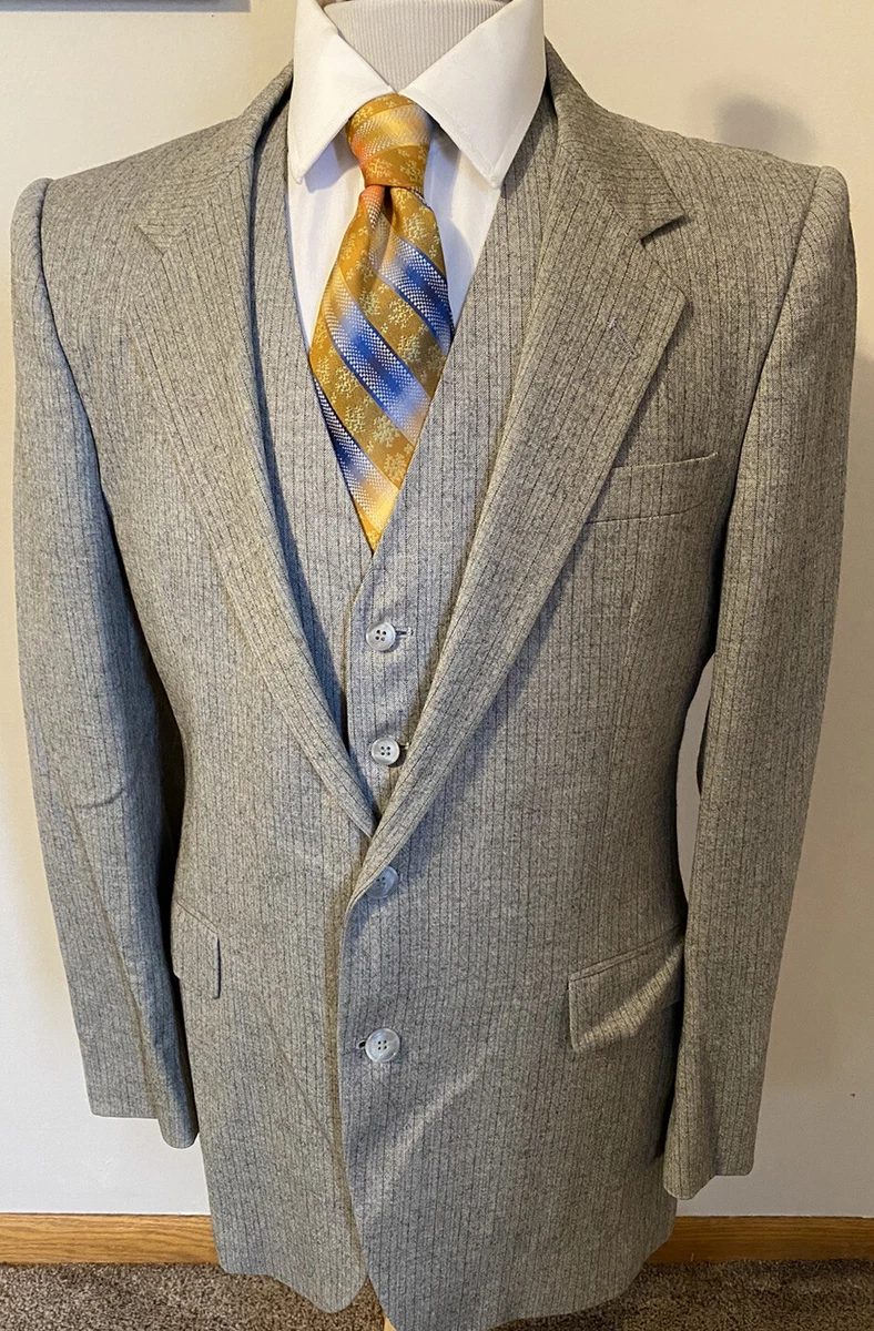 Vintage Custom Bespoke Sz 40L Gray Blue Herringbone 2 Piece Suit