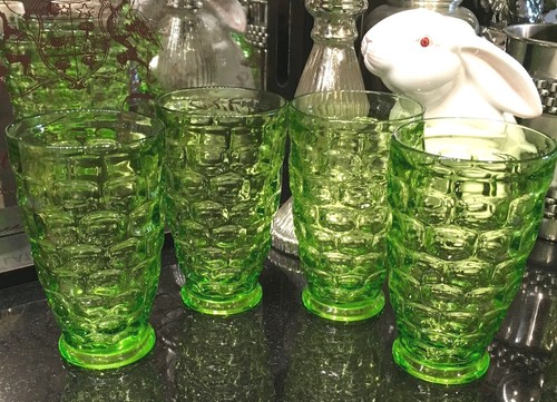 Federal Glass Yorktown Colonial Thumbprint Footed Tumblers Green 12oz. Set of 4 - Picture 2 of 10
