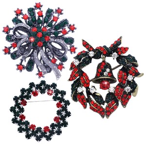 Red-Green-Crystal-Christmas-Wreath-3-Brooch-Pin-Set-Gift-For-Friends