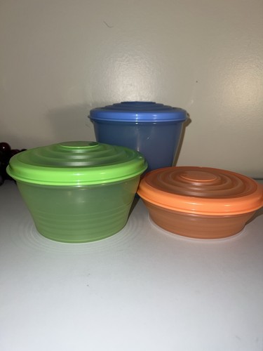 TUPPERWARE Stuffables MICROWAVE 3 Pc BLUE Orange Bowl Green flexible Seal -NEW - Picture 3 of 14