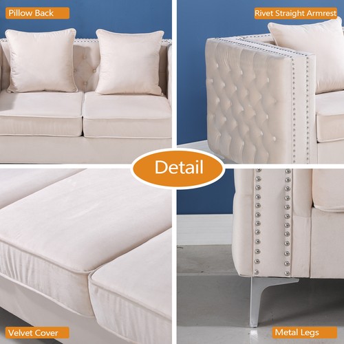 Hybition Velvet Sofa Modern Loveseat with Button-Tufted & Metal Legs Beige - Picture 3 of 8