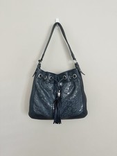 Brighton Navy Blue Leather Laser Cut Floral Tassel Bucket Shoulder Bag Y2K Boho