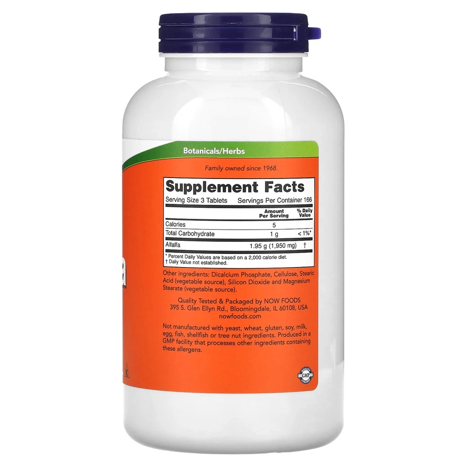 Now Foods Alfafa 650 mg 500 Comprimidos GMP Qualidade Garantida, Vegano, Vegetariano - Imagem 2 de 3