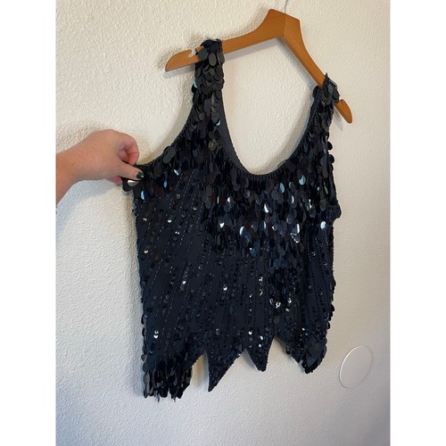 Vintage Oleg Cassini Whimsygoth Party Seide gefüttert Pailletten schwarz Taschentuchsaum Top L - Bild 12 von 13